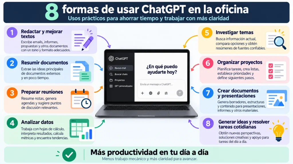 Ocho formas de usar ChatGPT en la oficina para redactar, resumir, preparar reuniones, analizar datos, investigar, organizar proyectos, crear presentaciones y generar ideas