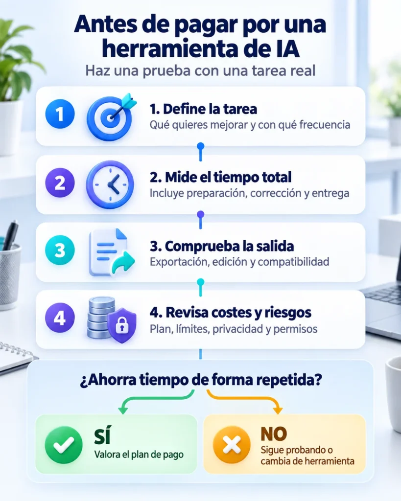 Infografía con cuatro comprobaciones antes de pagar por una herramienta de IA: tarea, tiempo total, salida, costes y riesgos