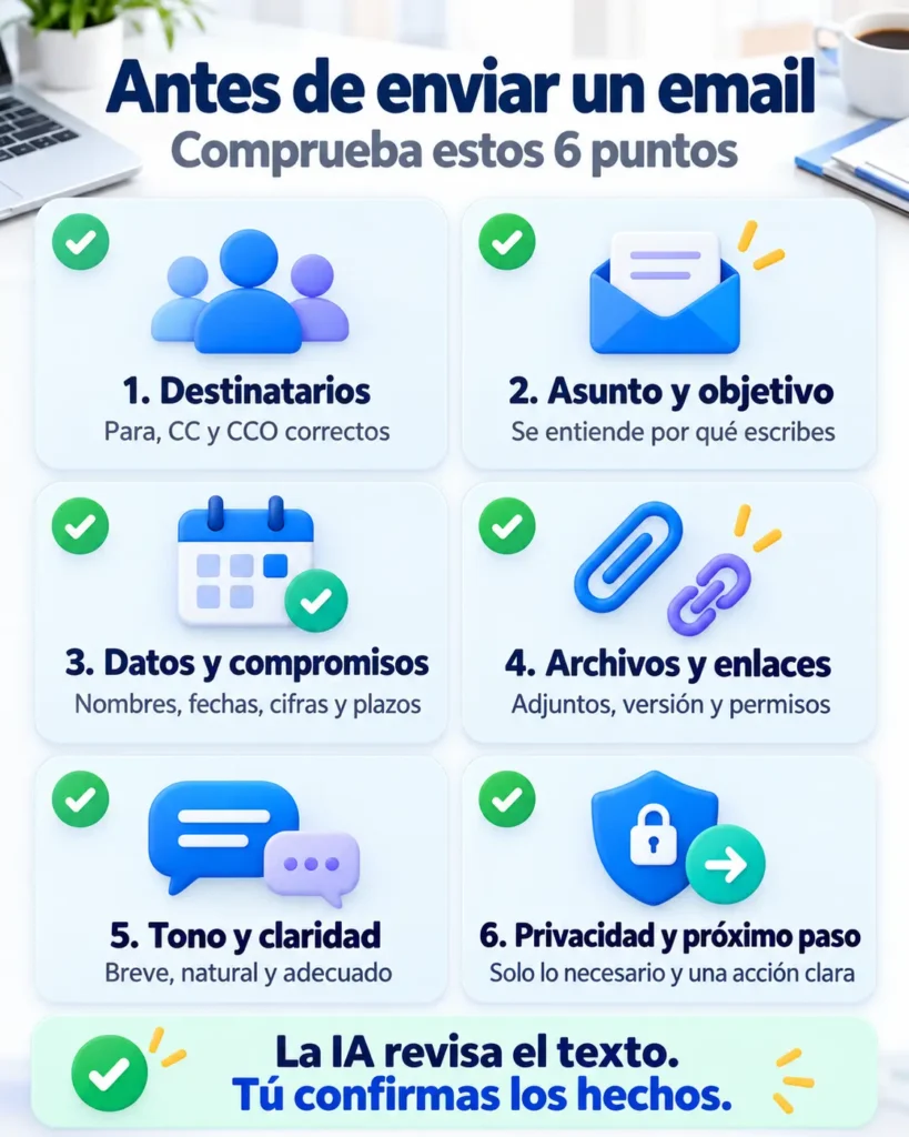 Lista de seis comprobaciones antes de enviar un email: destinatarios, asunto, datos, archivos, tono, privacidad y próximo paso