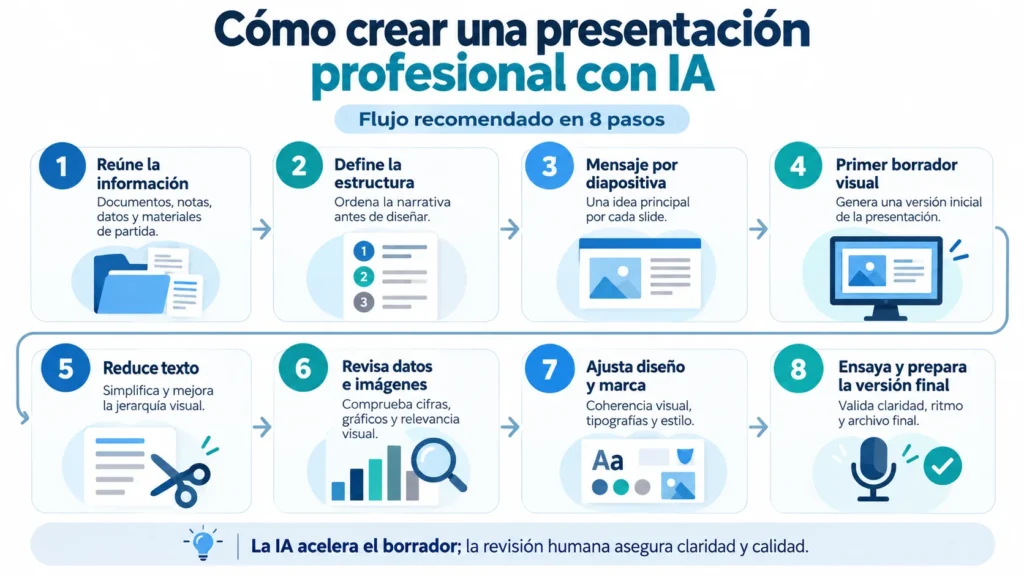 Ocho pasos para crear una presentación profesional con IA, desde reunir la información hasta revisar y preparar la versión final