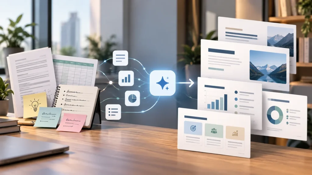Creación de presentaciones profesionales con IA a partir de documentos, datos e ideas