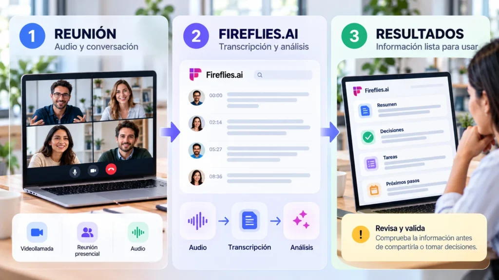 Flujo de Fireflies.ai desde la captura de una reunión hasta la transcripción, el resumen y las tareas