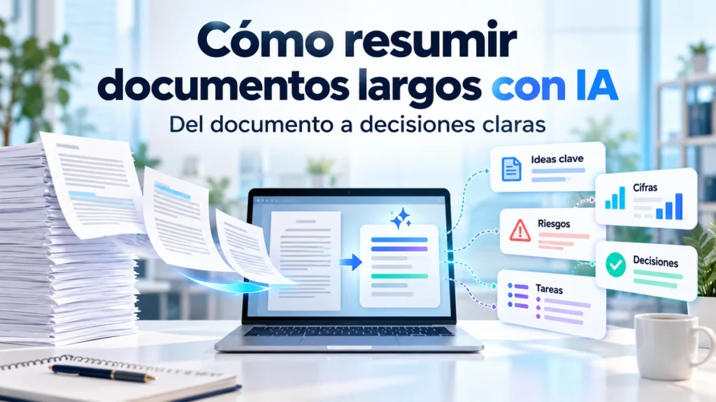 Resumir documentos largos con IA para extraer ideas, cifras, riesgos, decisiones y tareas