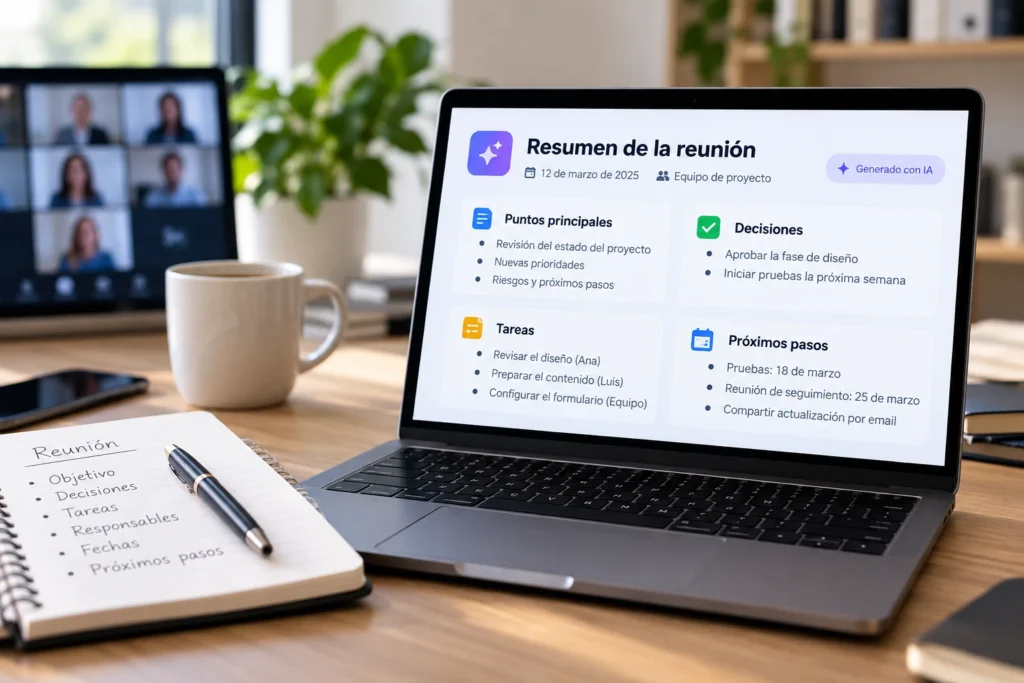 Resumir reuniones con IA mediante un resumen con decisiones, tareas y próximos pasos