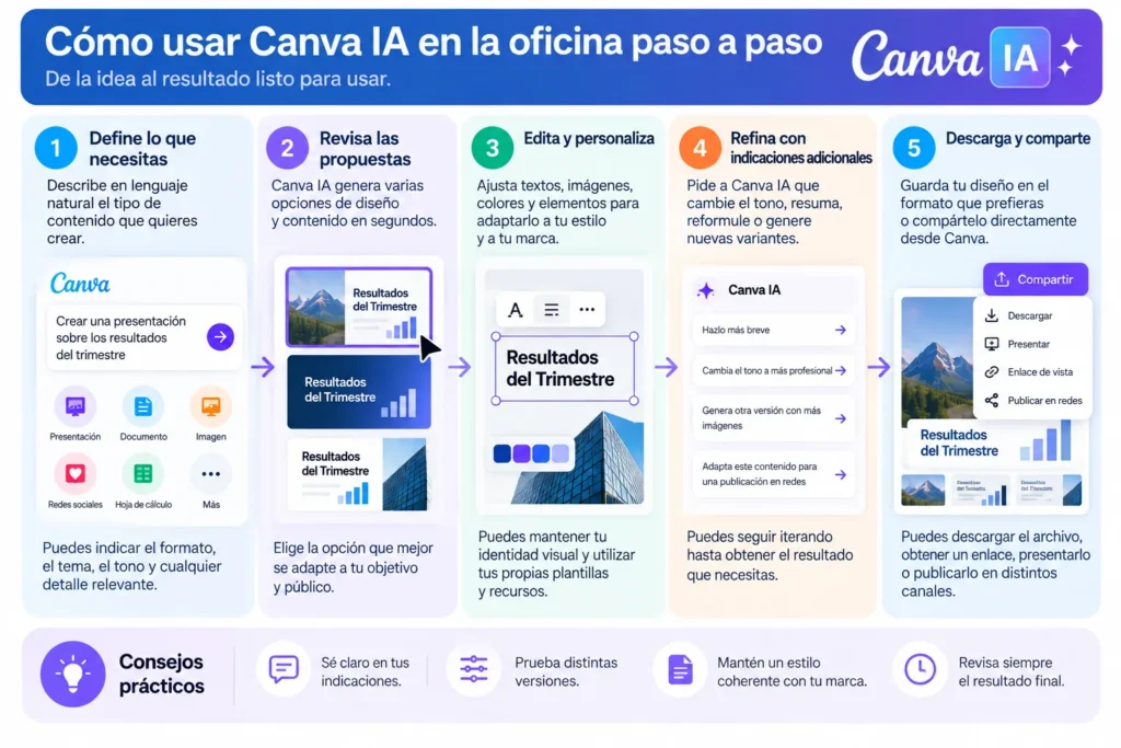Cinco pasos para usar Canva IA en el trabajo desde definir el objetivo hasta revisar, personalizar y compartir el resultado