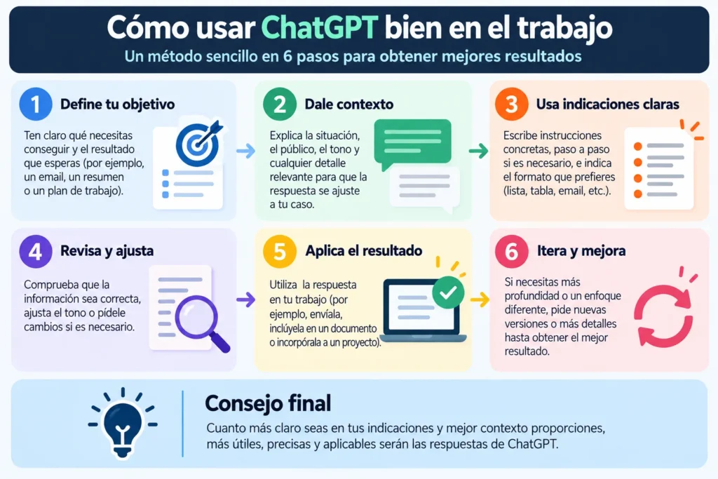 Proceso para usar ChatGPT bien en el trabajo con objetivo, contexto, instrucciones claras, revisión, aplicación e iteración