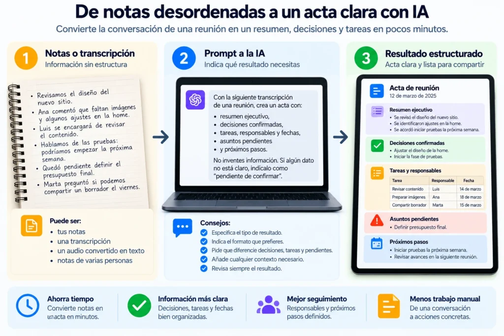 Proceso para transformar notas o una transcripción de reunión en un acta clara y estructurada con inteligencia artificial