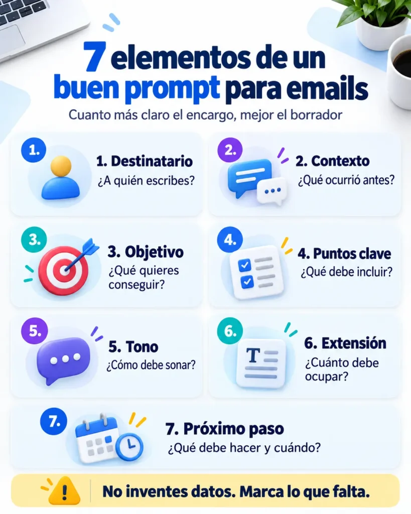 Los siete elementos de un buen prompt para emails: destinatario, contexto, objetivo, puntos clave, tono, extensión y próximo paso