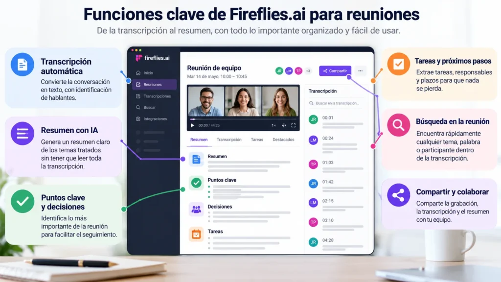 Funciones clave de Fireflies.ai para reuniones: transcripción, resúmenes, decisiones, tareas, búsqueda y colaboración