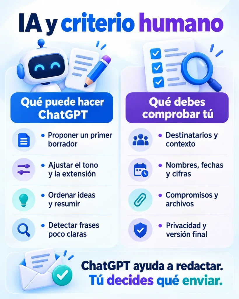 Lista de seis comprobaciones antes de enviar un email: destinatarios, asunto, datos, archivos, tono, privacidad y próximo paso