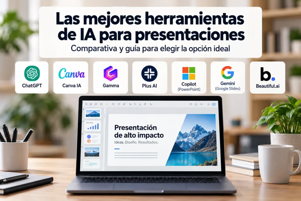 Comparativa de herramientas de IA para presentaciones como ChatGPT, Canva, Gamma, Plus AI, Copilot, Gemini y Beautiful.ai