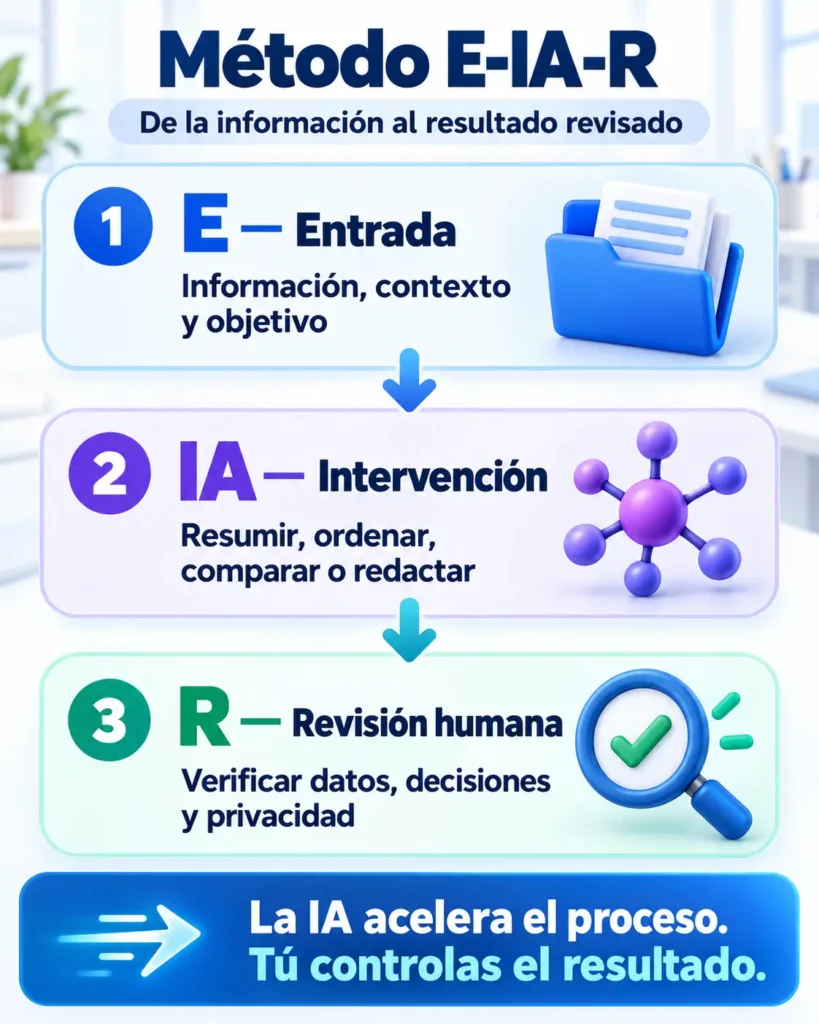 Método E‑IA‑R para flujos de trabajo con IA: entrada de información, intervención de la inteligencia artificial y revisión humana