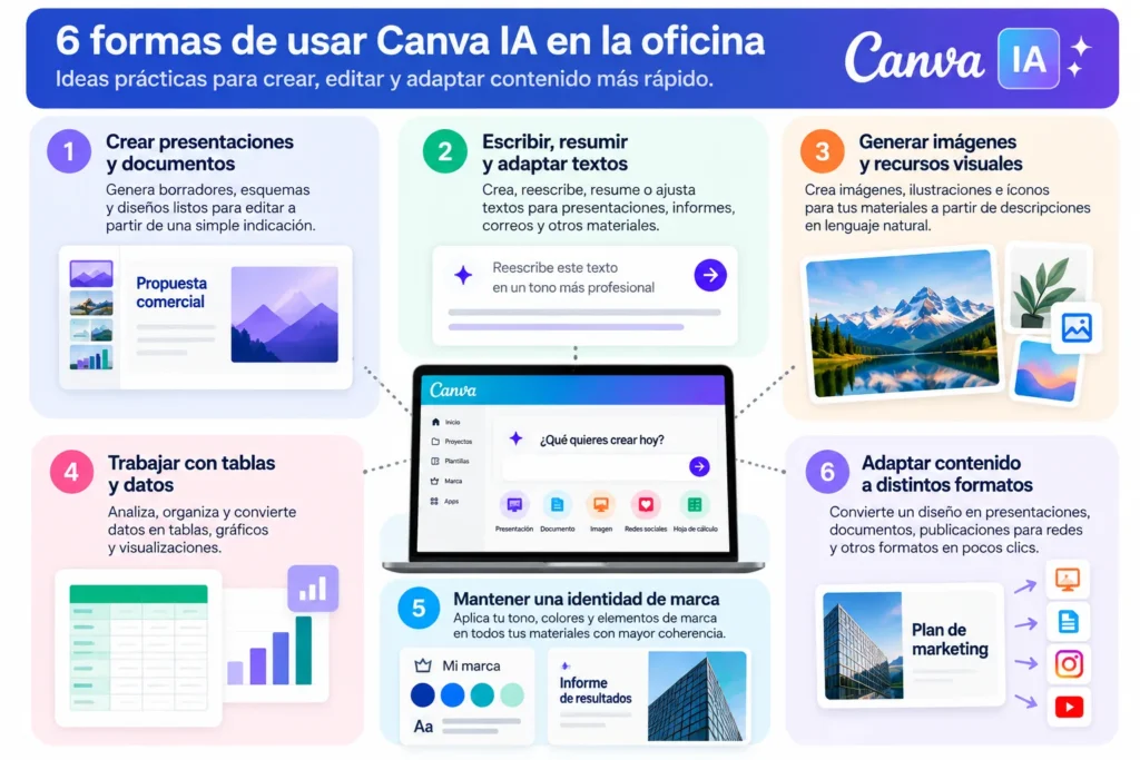 Seis usos de Canva IA en la oficina para crear presentaciones, redactar, generar imágenes, trabajar con datos, mantener la marca y adaptar formatos