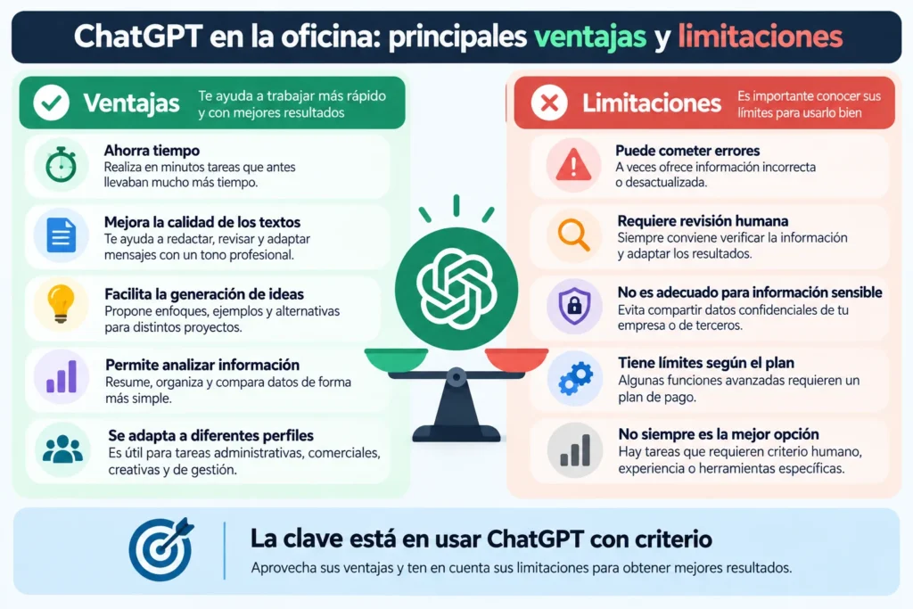 Ventajas y limitaciones de ChatGPT en la oficina, con beneficios, riesgos y necesidad de revisión humana