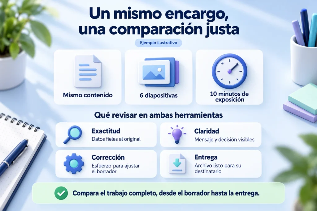 Comparación de Gamma y Canva con el mismo encargo: seis diapositivas y criterios de exactitud, claridad, corrección y entrega