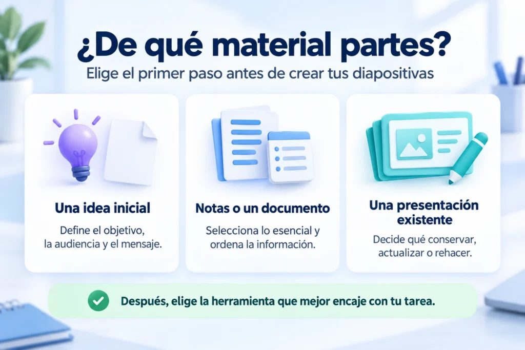 Tres puntos de partida para crear una presentación: una idea, notas o un documento y una presentación existente