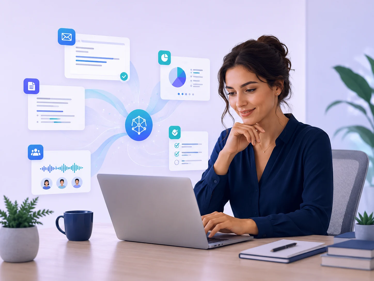 Profesional usando inteligencia artificial para oficina en tareas de trabajo