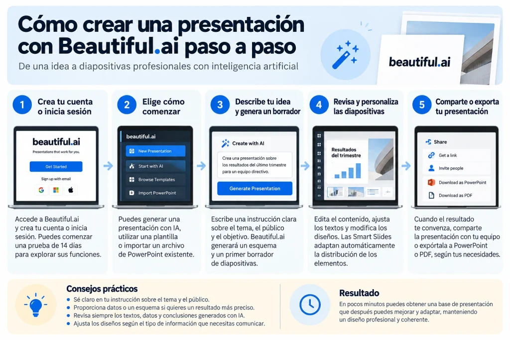 Infografía de Beautiful.ai para presentaciones con cinco pasos: crear una cuenta, elegir cómo comenzar, generar un borrador con IA, revisar las diapositivas y exportar el resultado.