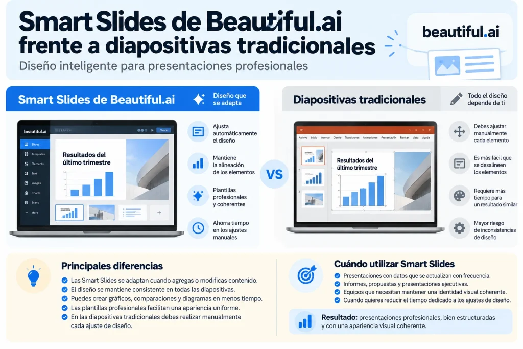 Comparación entre Smart Slides de Beautiful.ai para presentaciones y diapositivas tradicionales, mostrando diseño automático, alineación de elementos y ajustes manuales.