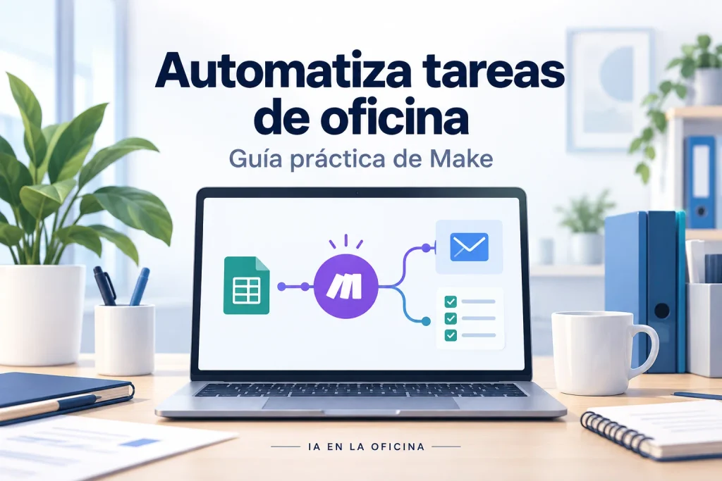 Make para automatizar tareas de oficina: flujo visual que conecta una hoja de cálculo con correo y tareas.
