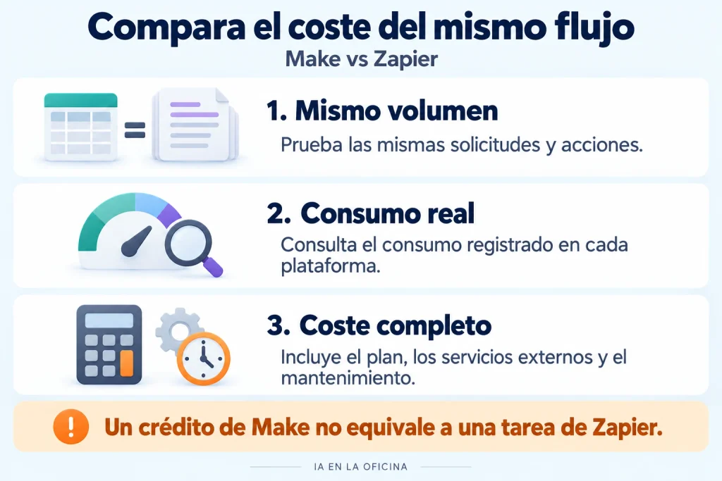 Cómo comparar el coste de Make y Zapier: mismo volumen de trabajo, consumo registrado y coste completo con mantenimiento