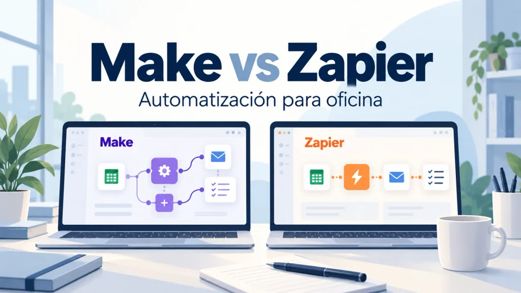 Make vs Zapier para automatizar tareas de oficina, representados en dos portátiles con conexiones entre aplicaciones